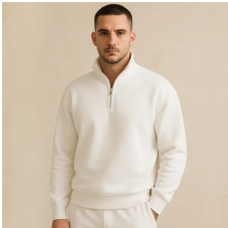 White Men Classic Quarter Zip-Up Fleece Sweatshirt For Men