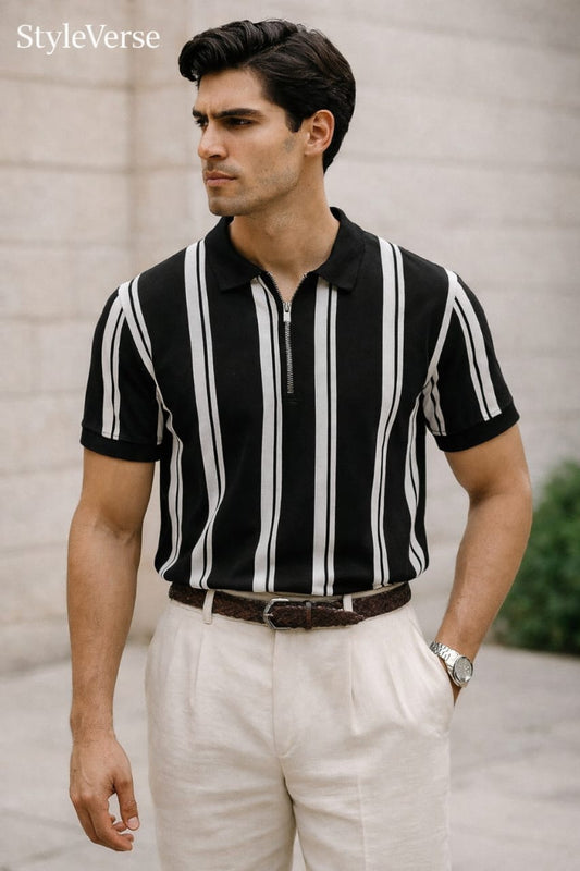 StyleVerse Old money Stripe Zip Printed Tshirt