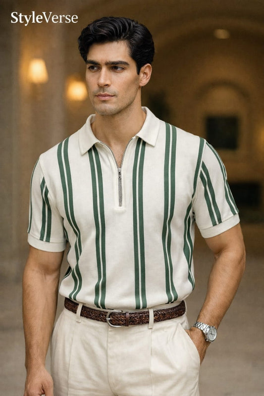 StyleVerse Old money Stripe Zip Printed Tshirt