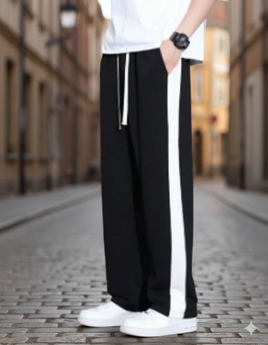 Men's Black Wide Leg Trouser with White Side Stripe