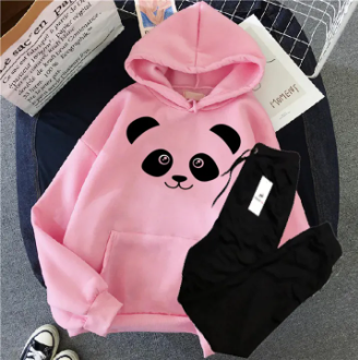 Panda Printed Hoodie And Trouser Winter Arrival Warm Fleece Track suit Drawstring Hood Best Outfits For Girls and Women