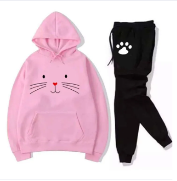 Cute Meow Printed Hoodie And Trouser Winter Arrival Warm Fleece Track suit